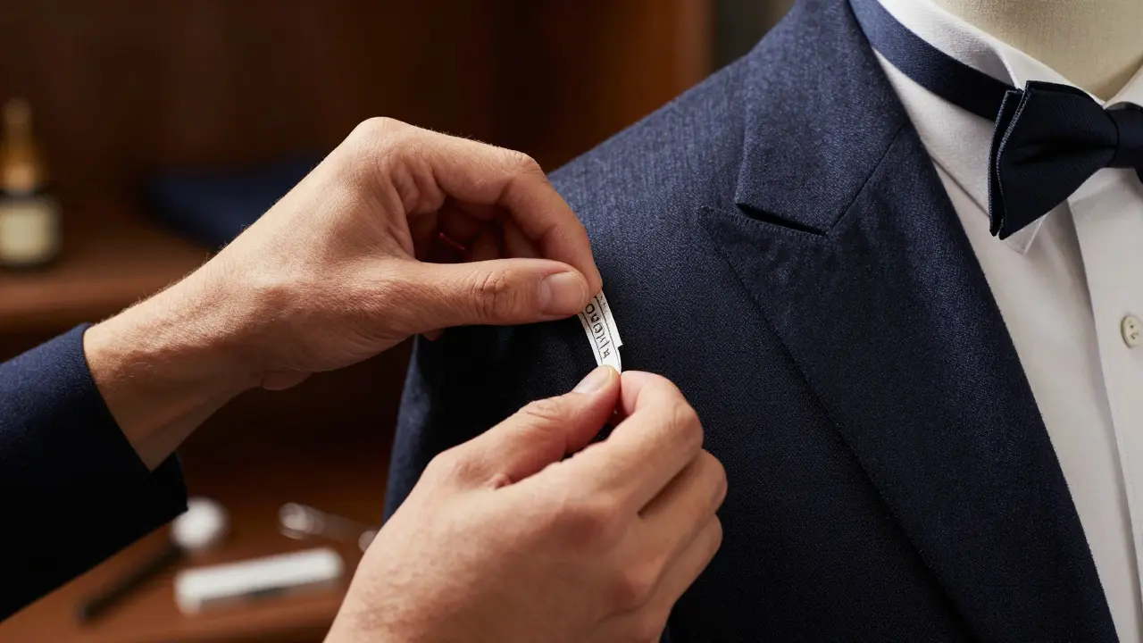 Hands adjusting the shoulder seam of a tailored blazer