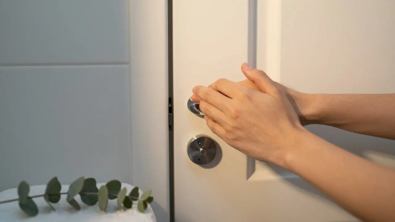 Hands gripping a closed door handle in a warm, calming bathroom setting