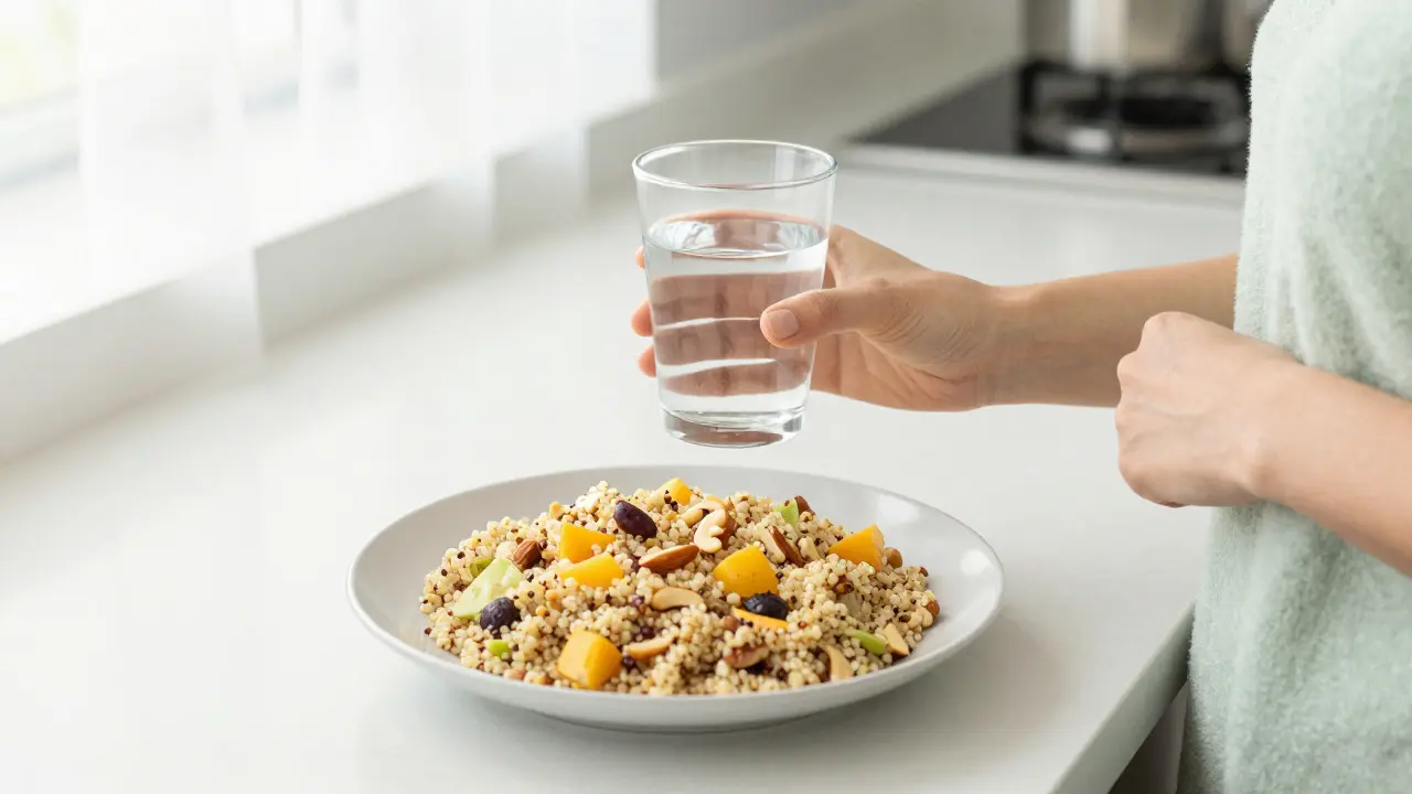Hands holding a glass of water beside a plate of quinoa salad and nuts