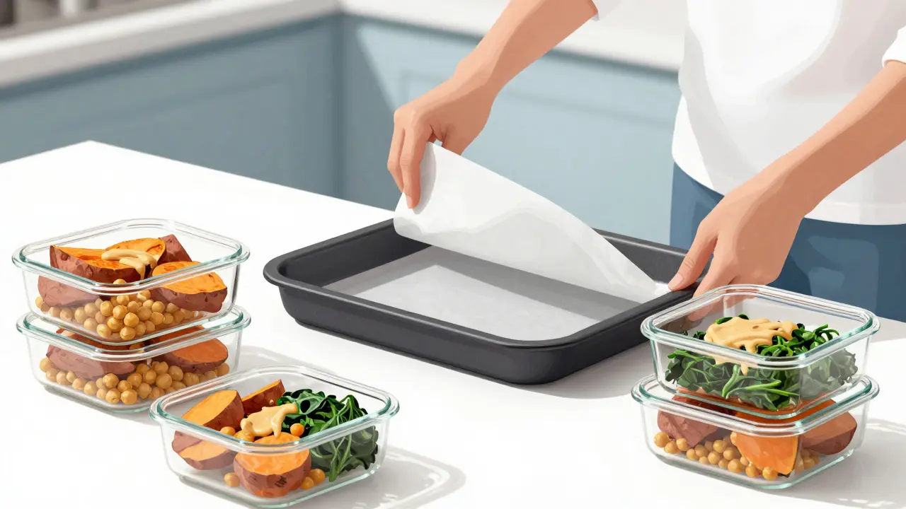 Hands removing parchment paper from a clean pan next to stored leftovers