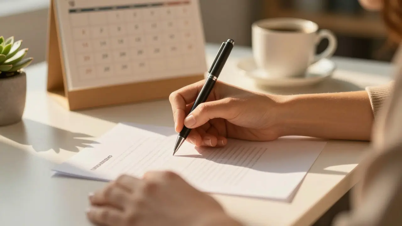 Hands signing a document with a calendar in the background