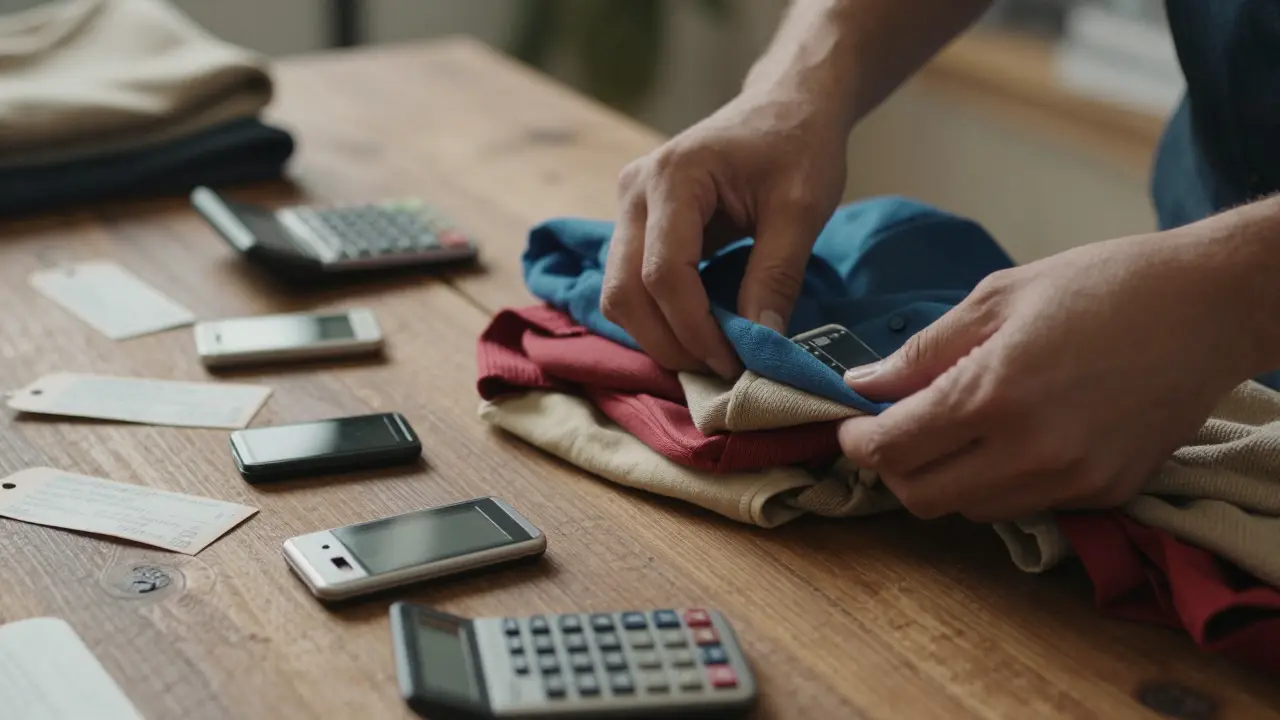 Hands sorting vintage clothes and tech items on a table for reselling