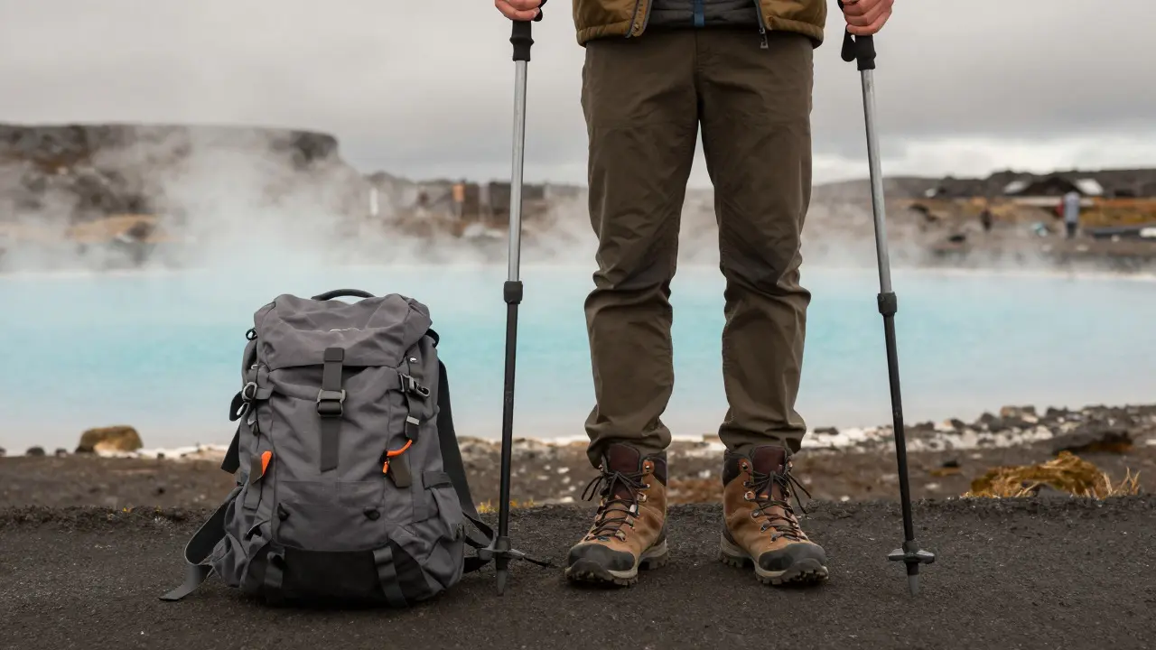 Hiking boots and trekking poles near a steaming geothermal lagoon