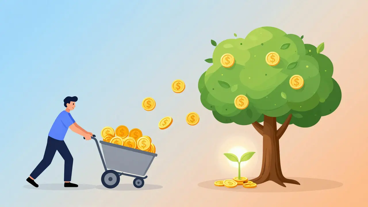 Illustration comparing linear income labor with scalable digital asset growth