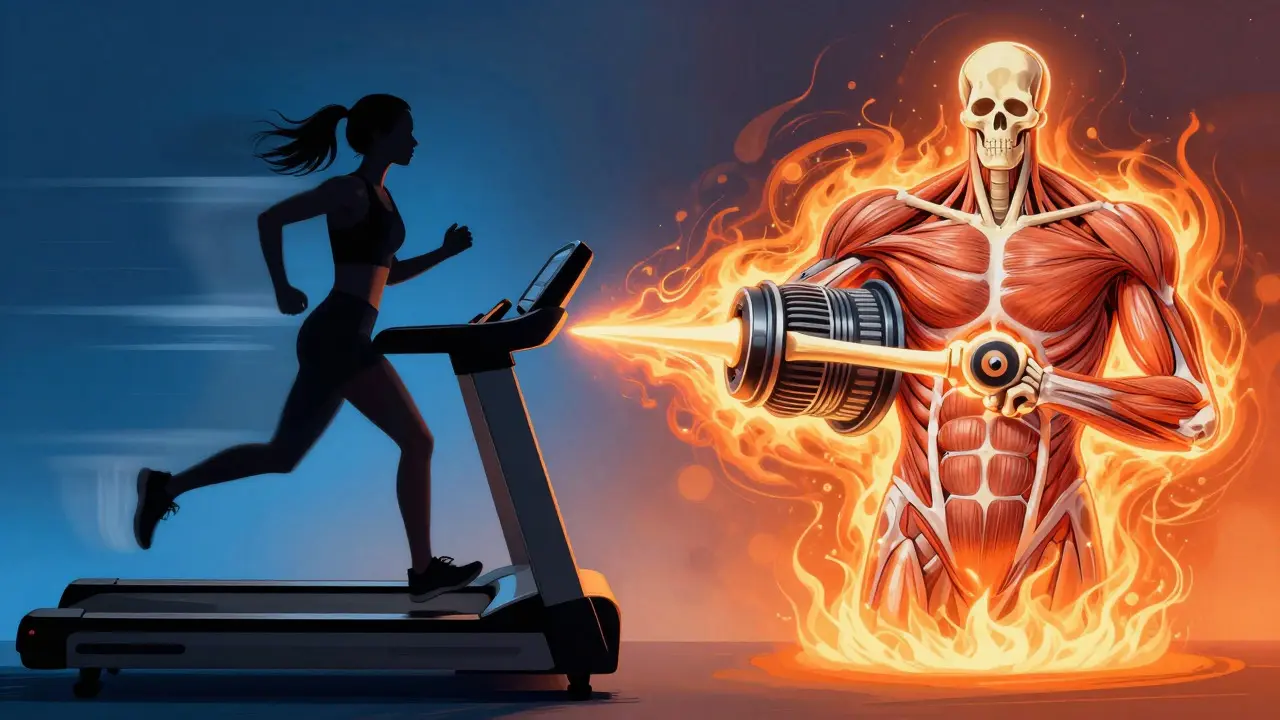 Illustration comparing running silhouette with glowing muscle engine