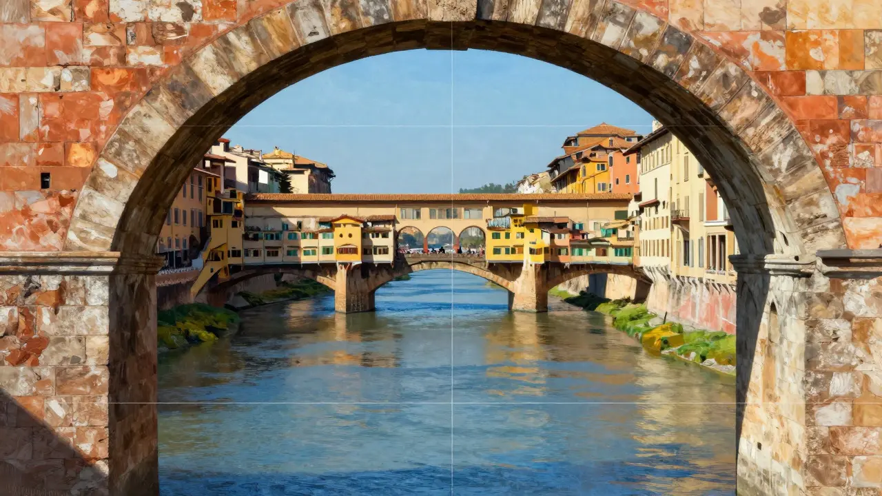 Illustration of a city street framed by an arch with a river leading to a figure