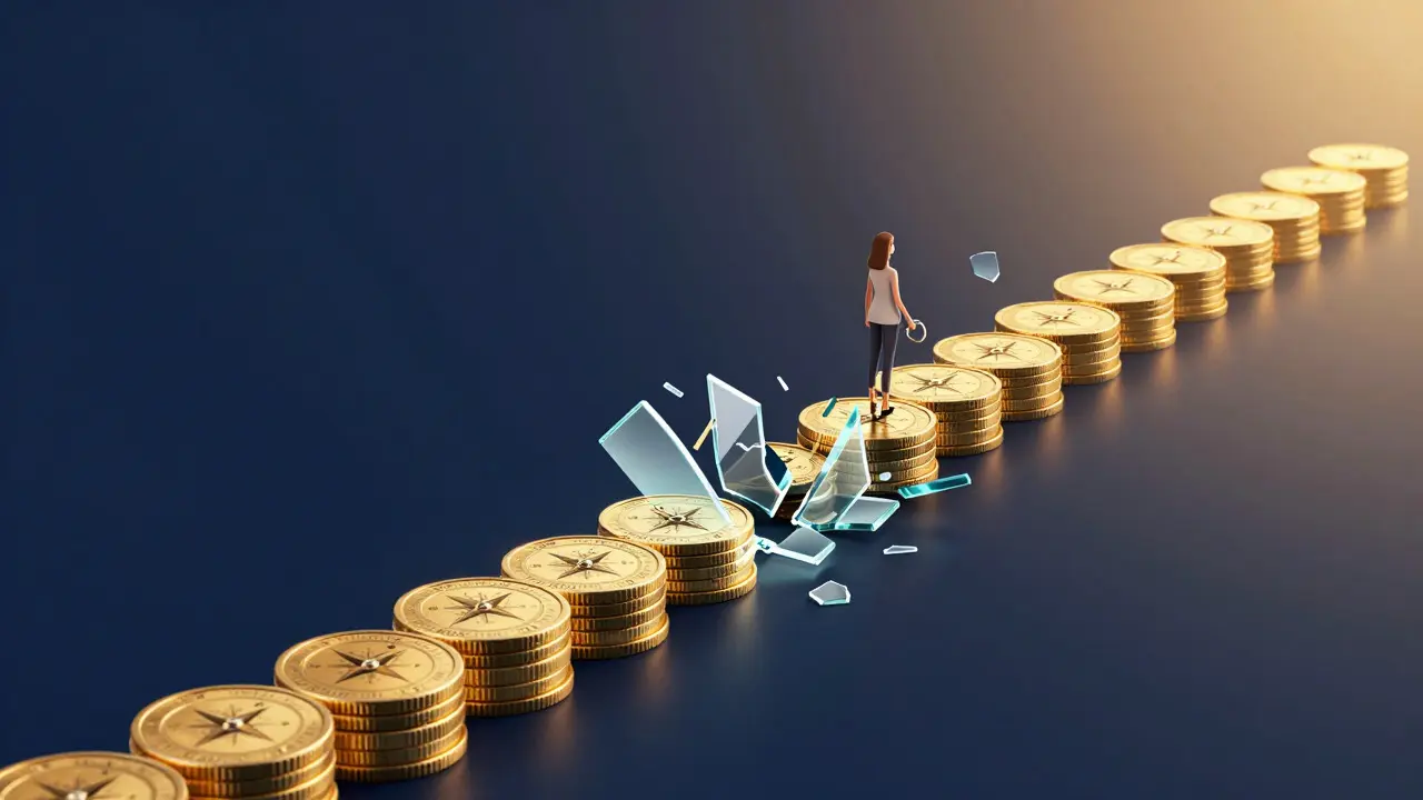 Illustration of a path made of coins turning into glass shards