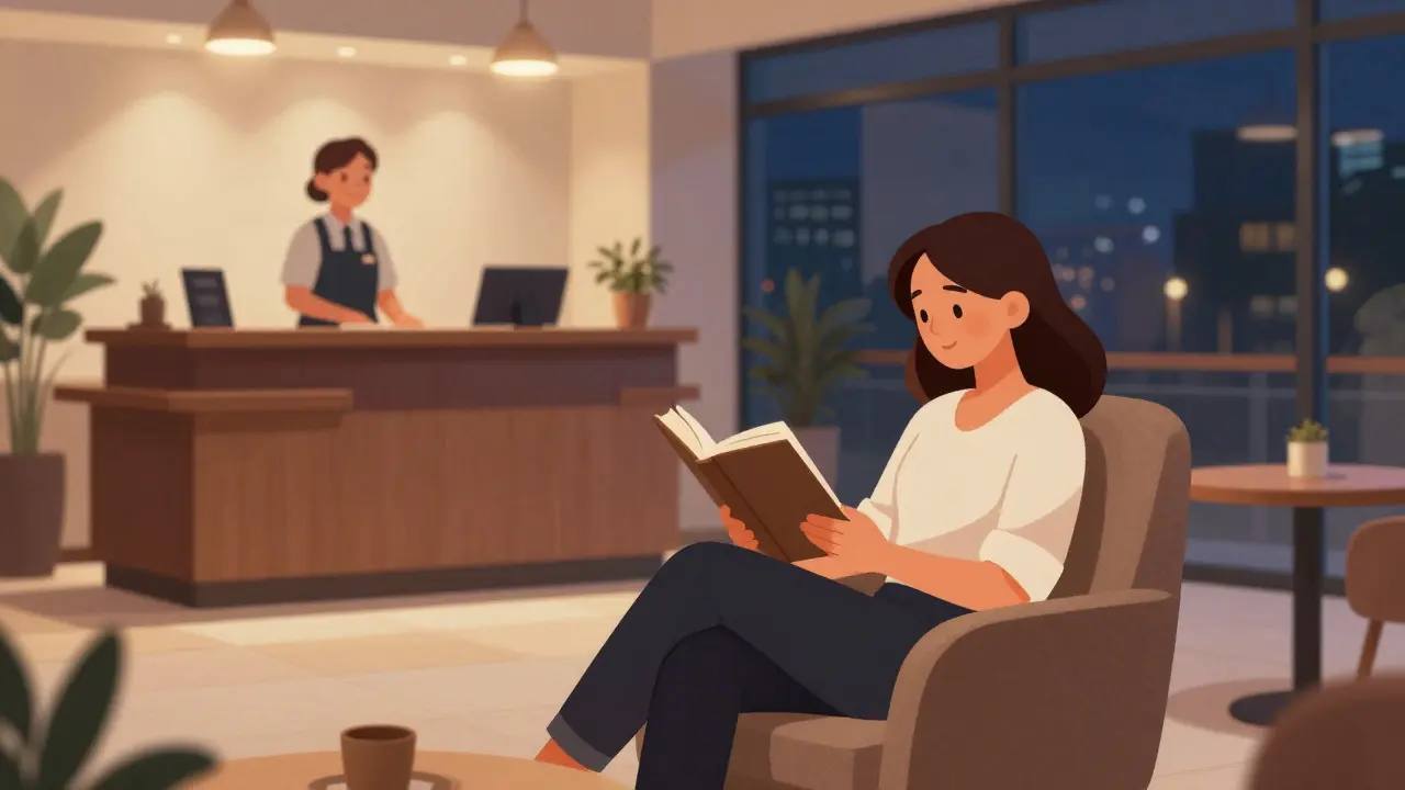 Illustration of a relaxed traveler sitting safely in a warmly lit hotel lobby