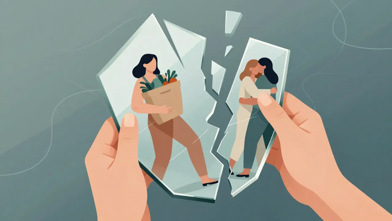 Illustration of a shattered mirror reflecting body functions instead of flaws