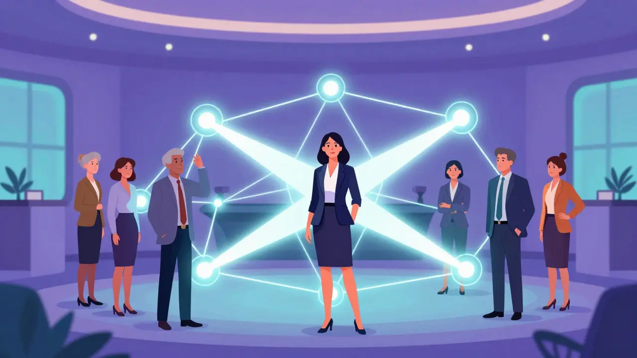 Illustration of a woman connected to mentors, peers, and sponsors in a network