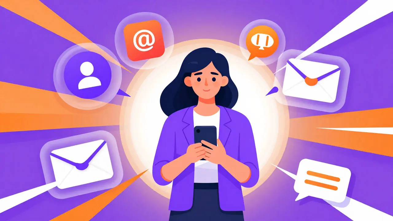 Illustration of a woman coordinating multiple digital marketing channels during an intense product launch week.