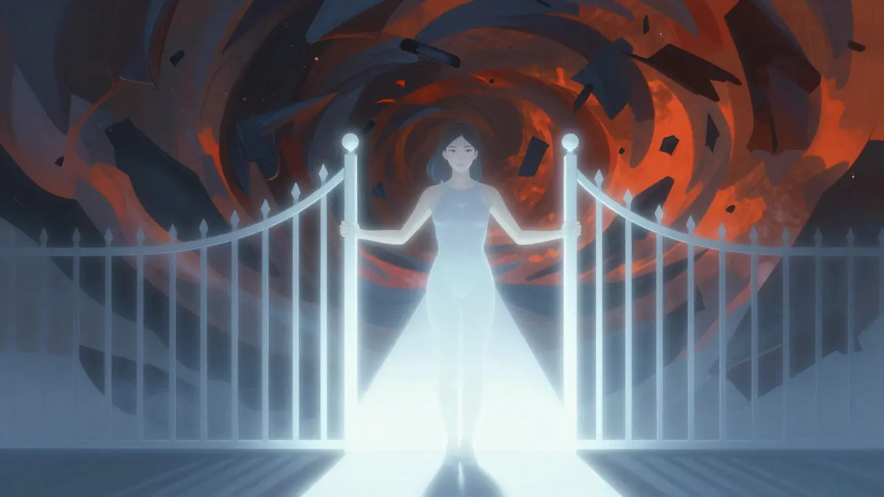 Illustration of a woman standing before a glowing gate