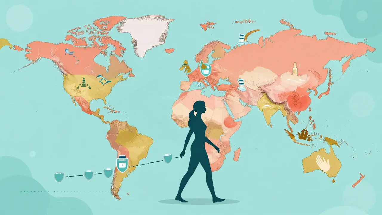 Illustration of a woman walking across a world map with health icons