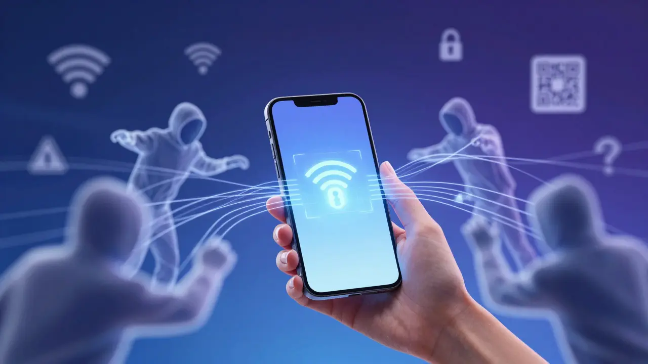 Illustration of digital threats surrounding a smartphone