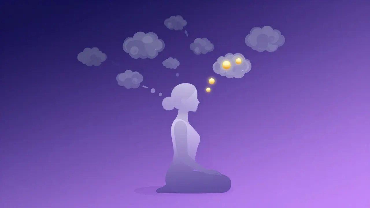 Illustration of thoughts transforming into light orbs