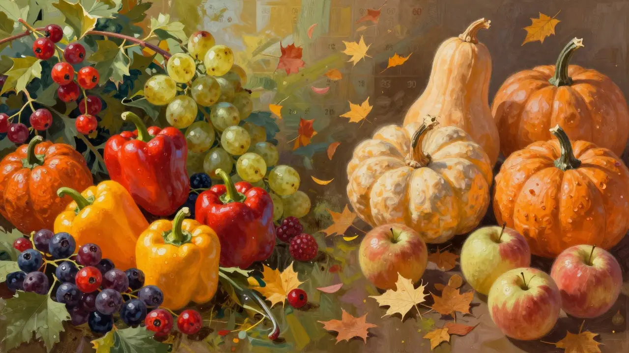 Illustration showing the shift from summer produce to autumn crops
