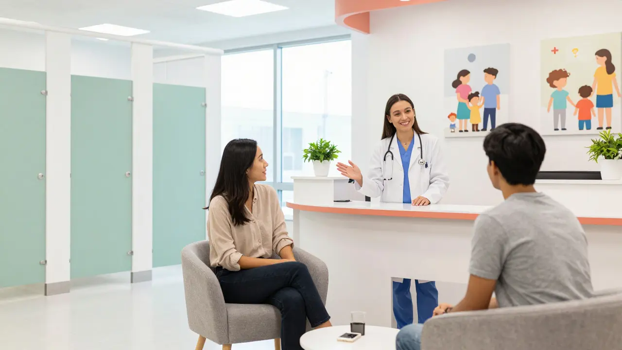 Inclusive medical clinic waiting area with diverse artwork