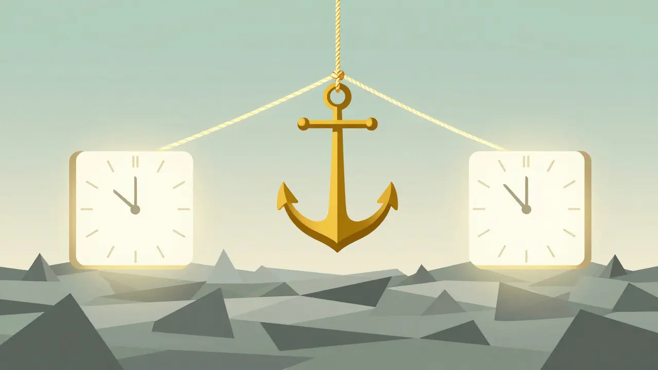 Minimalist illustration of a golden anchor holding back chaotic shapes, symbolizing focused work blocks.