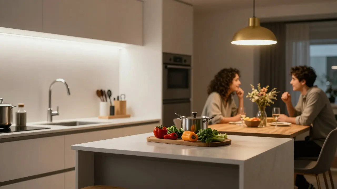 Modern kitchen with under-cabinet LEDs and a warm pendant light over the dining table