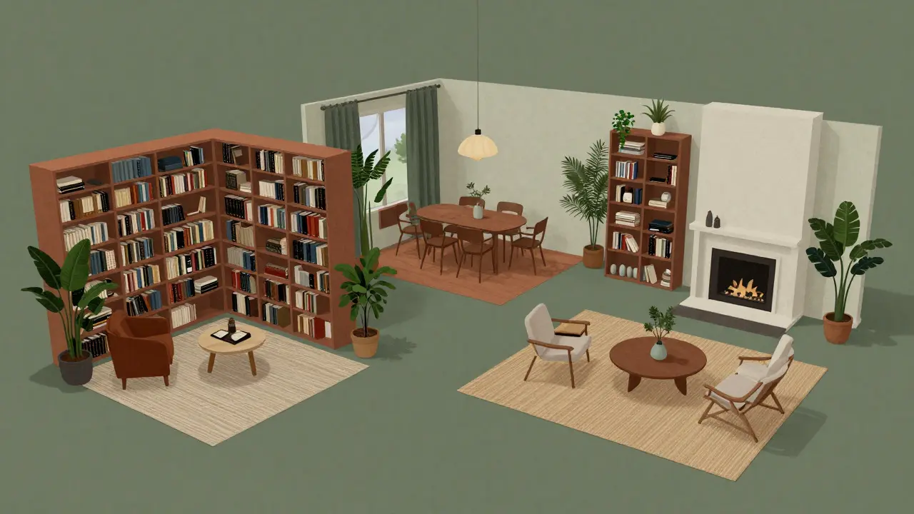 Open-plan space with distinct zones defined by rugs, plants, and furniture grouping
