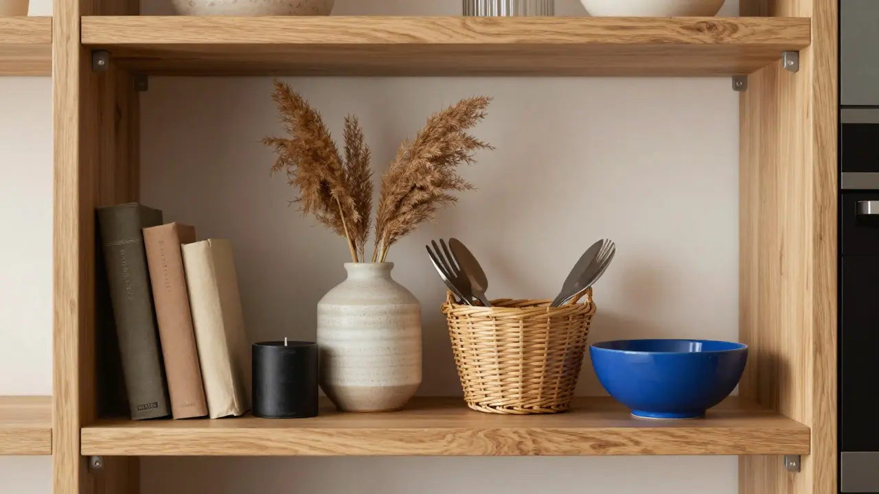 Organized open shelves displaying books, vases, and baskets in balanced groups