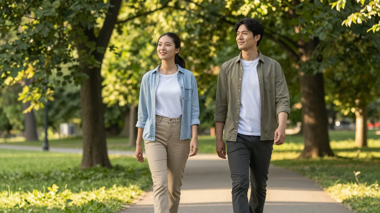 Partner walking side-by-side on a park path in the afternoon sun