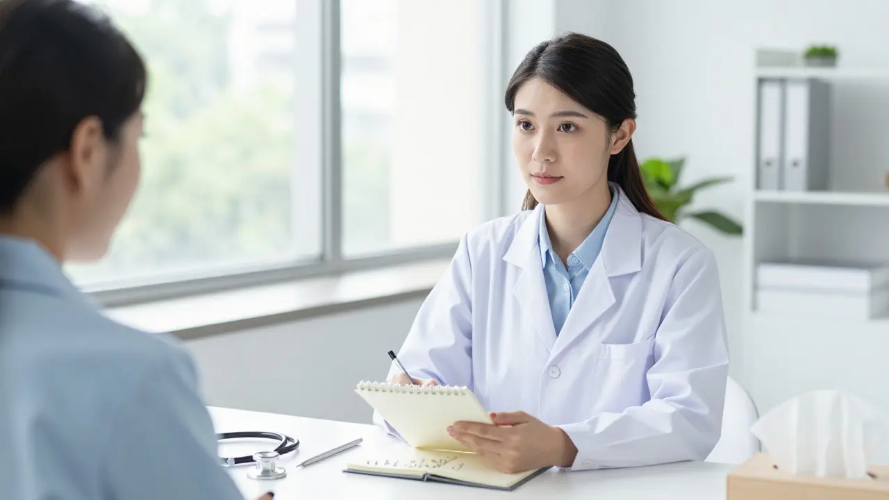 Patient sitting in a bright doctor's office, holding a notebook during a consultation