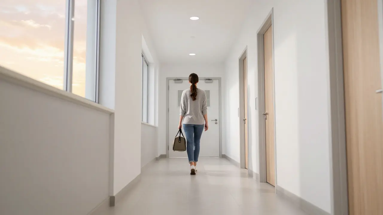 Patient walking through a modern fertility clinic hallway