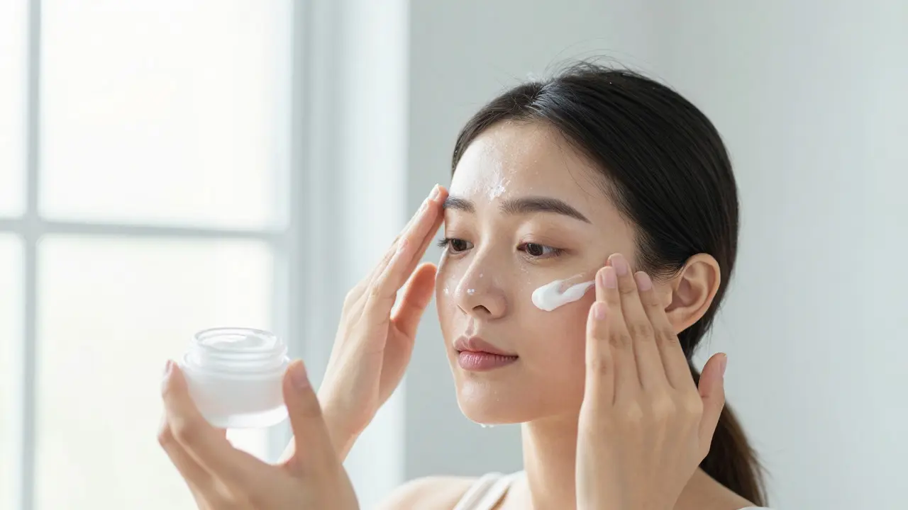 Person applying different skincare products to T-zone and cheeks