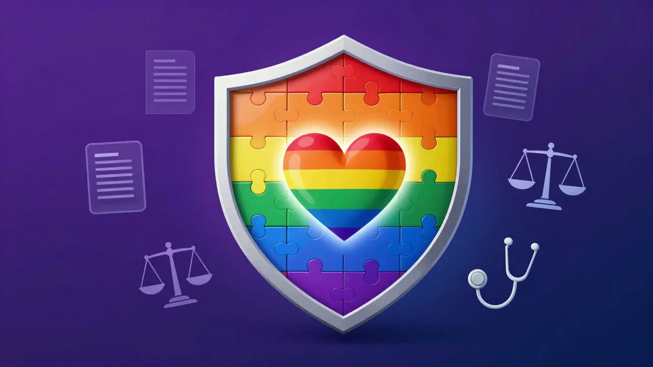 Rainbow shield protecting a heart with legal and health icons