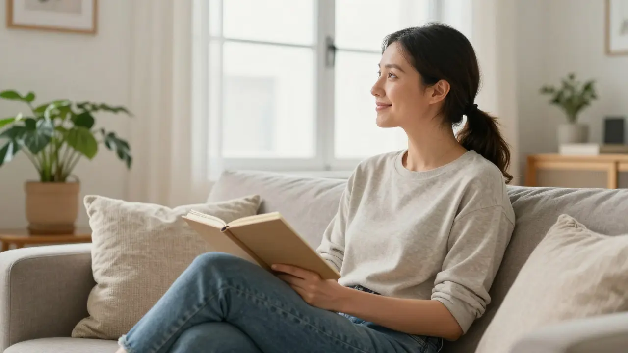 Relaxed woman sitting in a bright living room holding a notebook, looking content