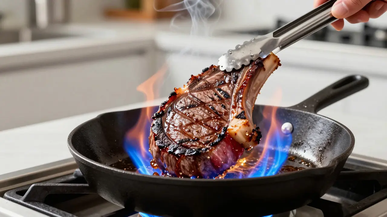 Ribeye steak developing a brown crust while searing in a cast iron skillet