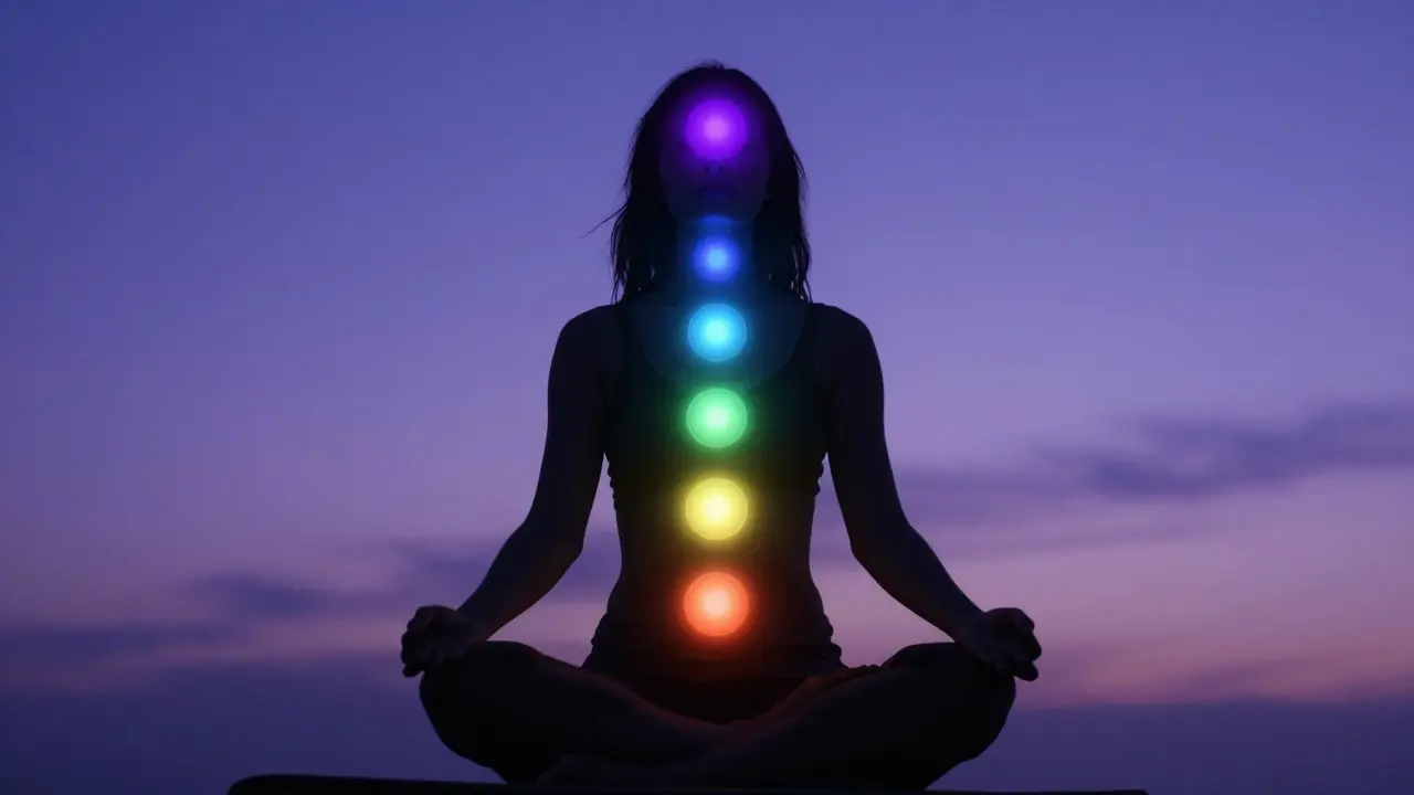 Silhouette of meditating woman with seven glowing chakra points