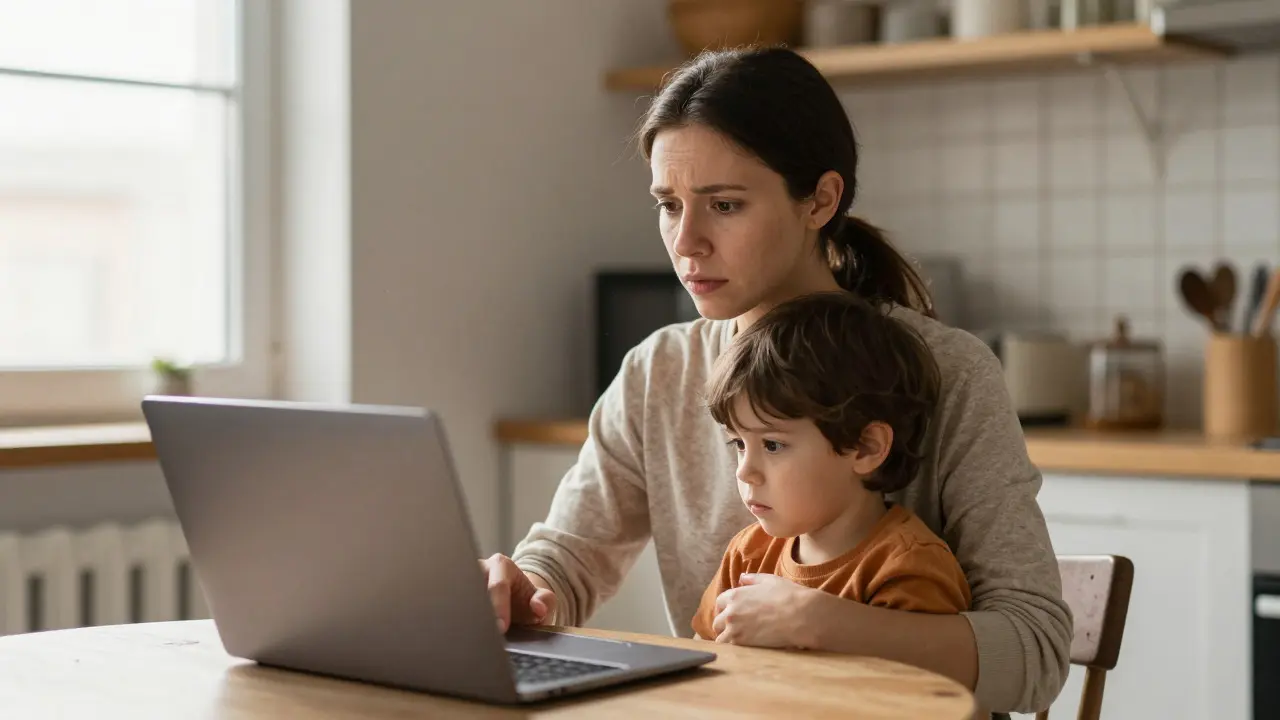 Single mother working on a laptop while caring for a child in a small home