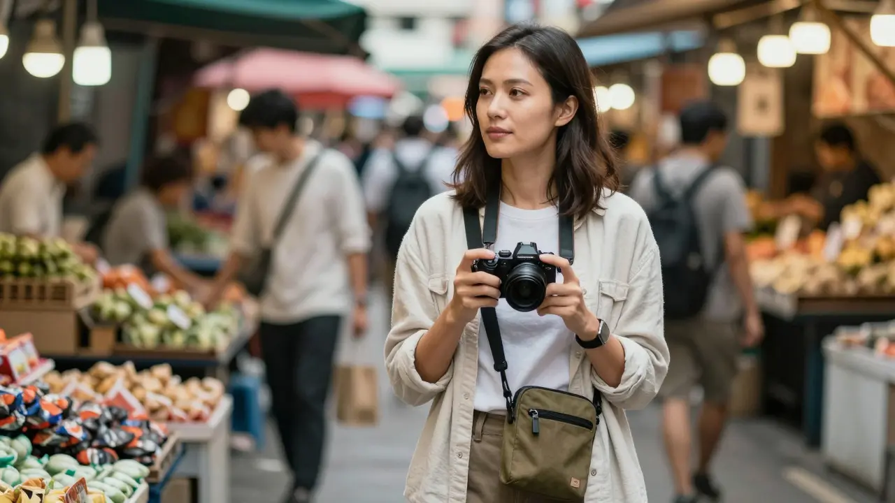 Solo traveler in a market wearing local clothes with a compact camera