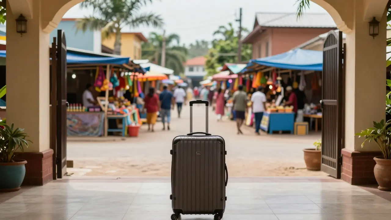 Suitcase on a resort patio overlooking a busy local street market