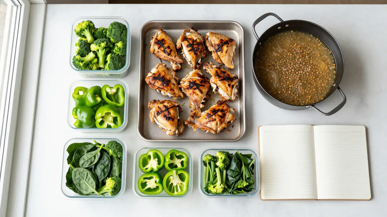 Sunday meal prep with roasted chicken, soup, and chopped vegetables on counter