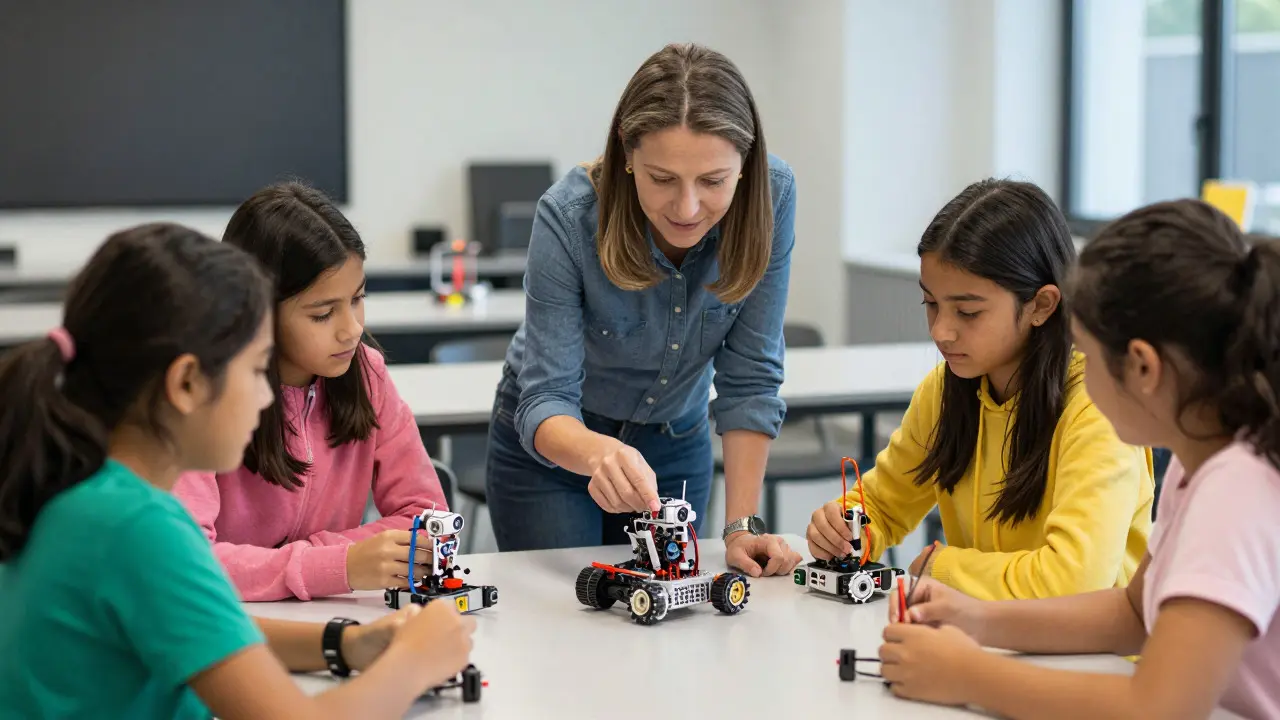 Teenage girls working on a robotics project with a female mentor