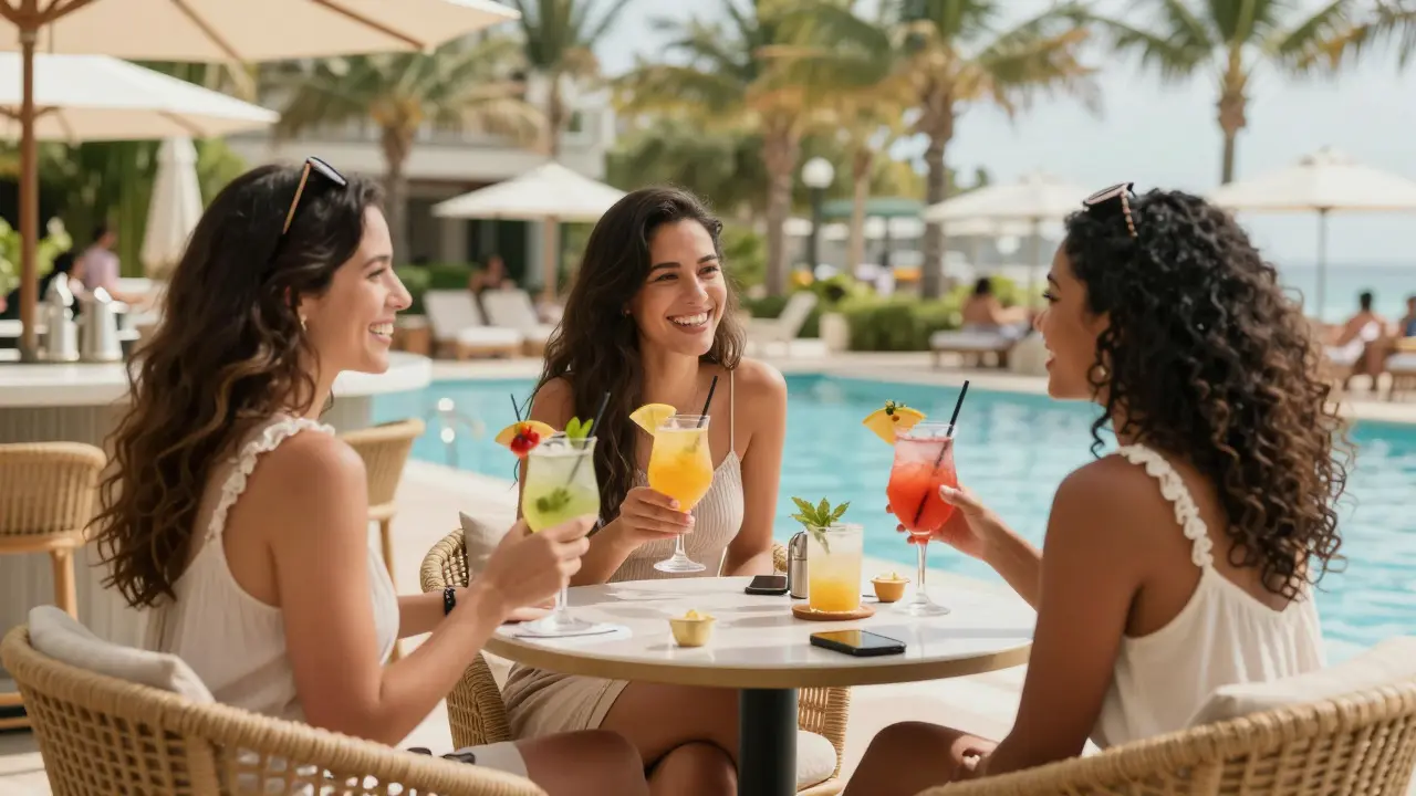 Three friends enjoying cocktails together at a resort poolside bar