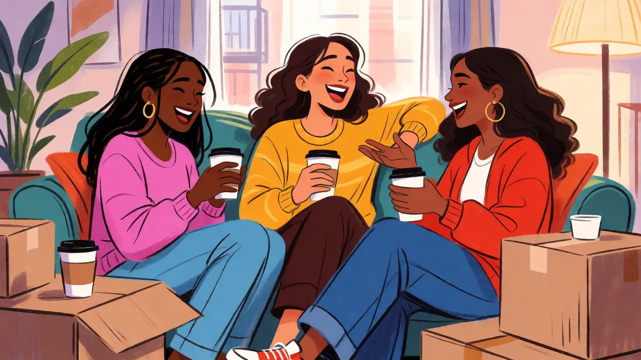 Three friends laughing together in a messy NYC apartment