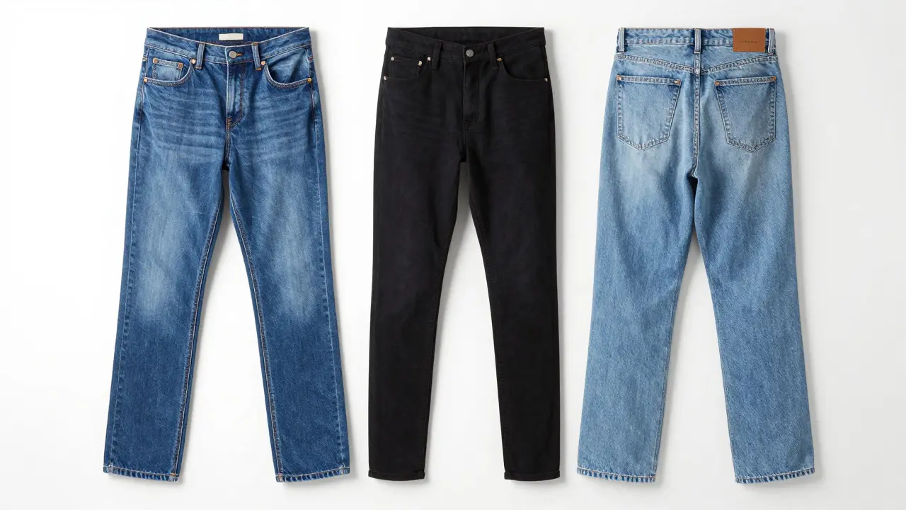 Three pairs of high-quality denim jeans displayed side by side