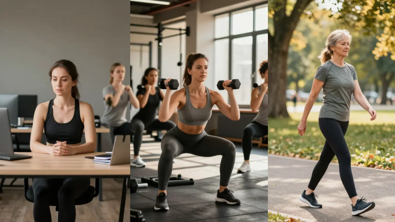 Three women depicted in different settings: working at a desk, lifting weights, and walking in a park, showing activity levels.