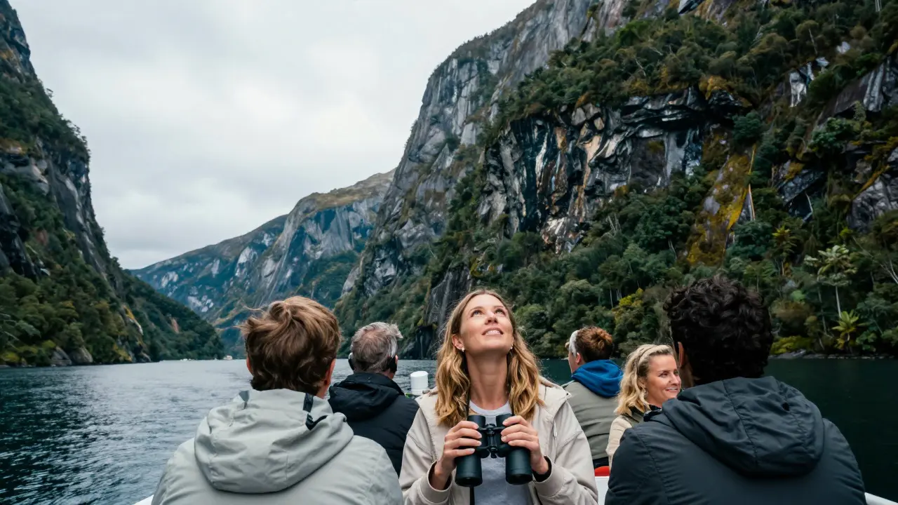 Travelers on a boat tour viewing dramatic fjord cliffs