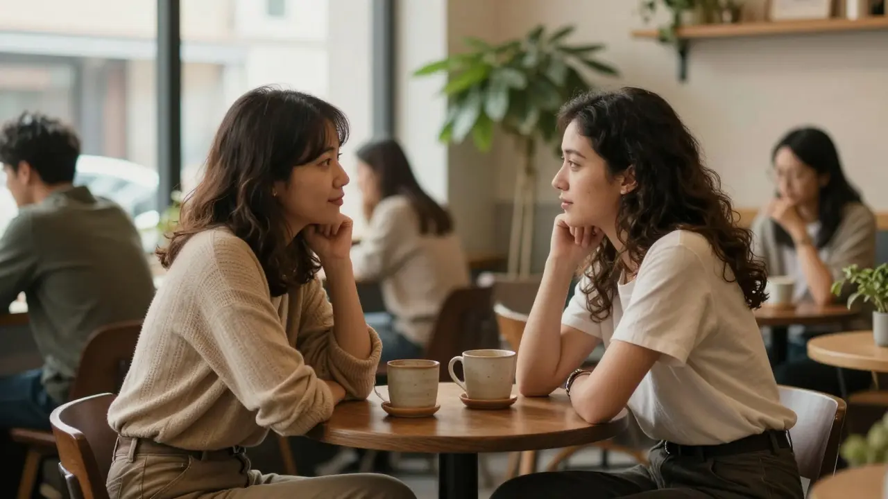 Two women having a quiet, supportive conversation at a cafe table