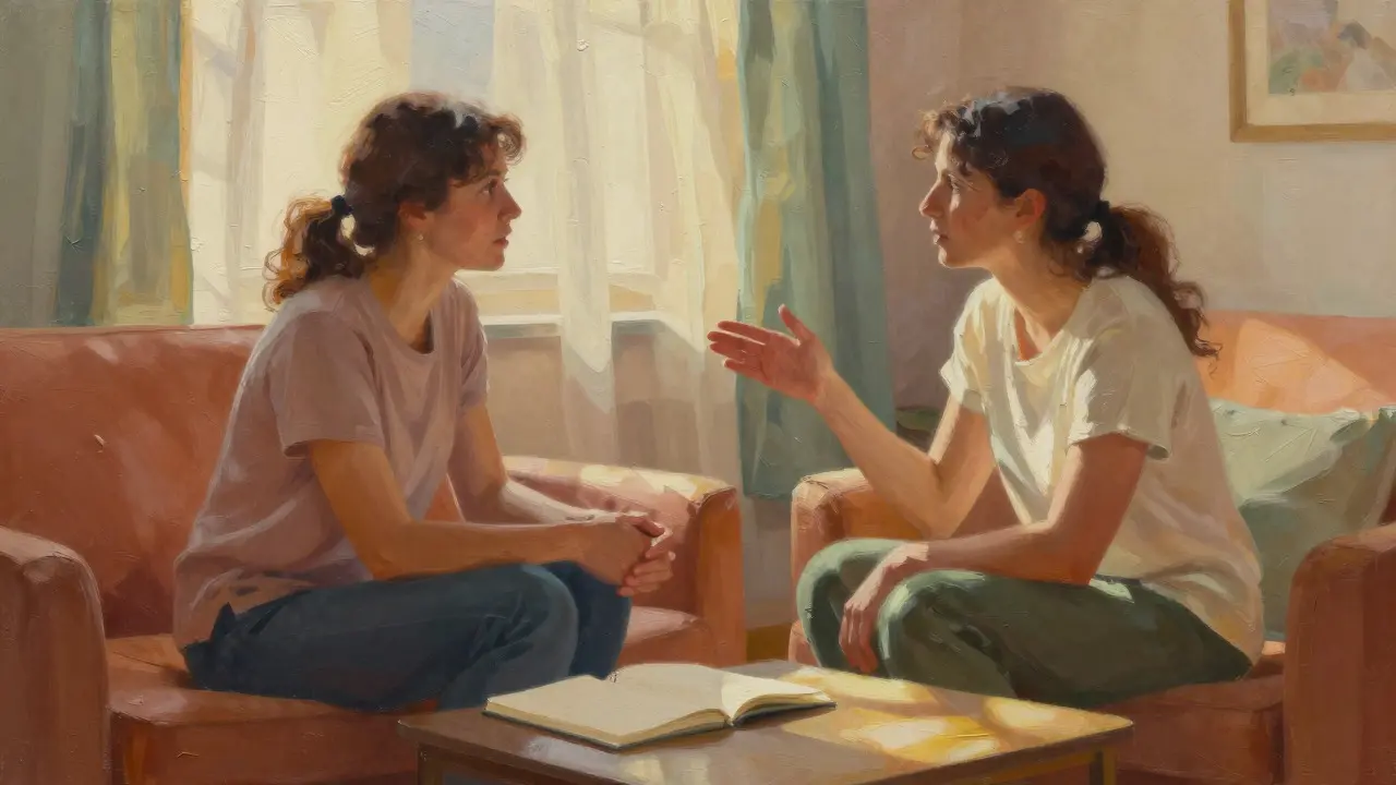 Two women having a supportive conversation in a sunlit living room with a journal