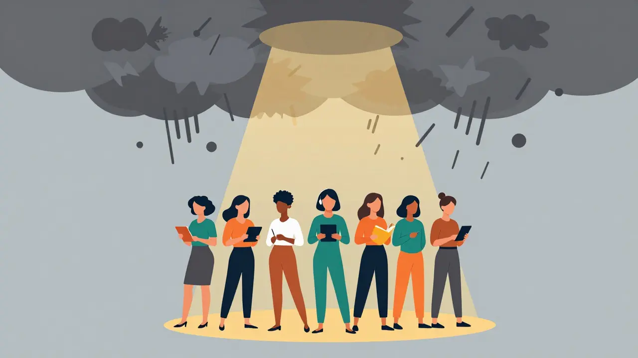 Vector illustration of women filtering digital noise under a golden spotlight
