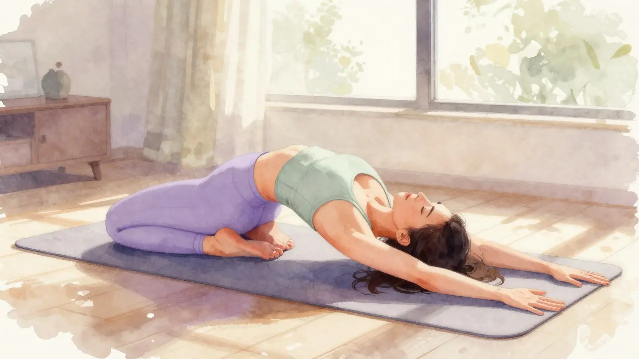 Watercolor art of a woman stretching gently in a sunlit room