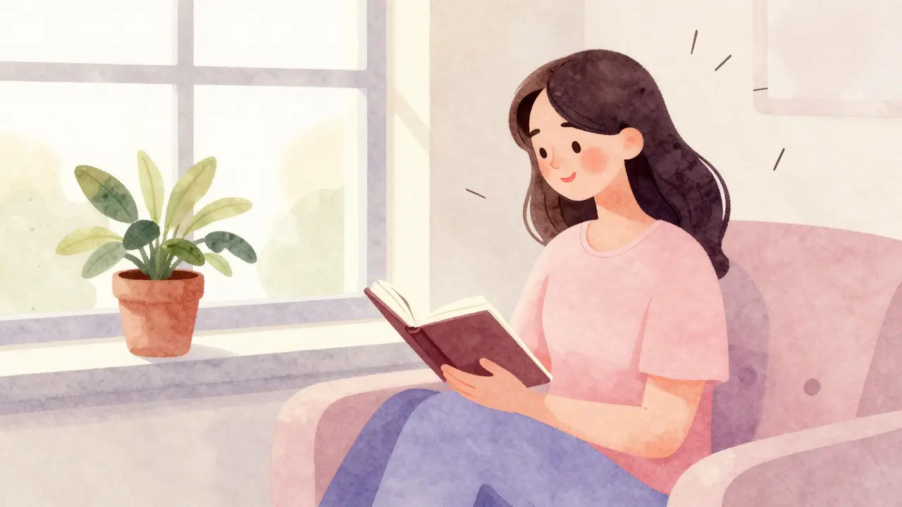 Watercolor illustration of a woman journaling with a sense of calm and gratitude