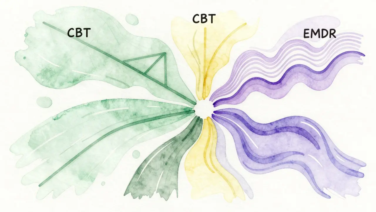 Watercolor illustration of diverging paths representing different types of therapy