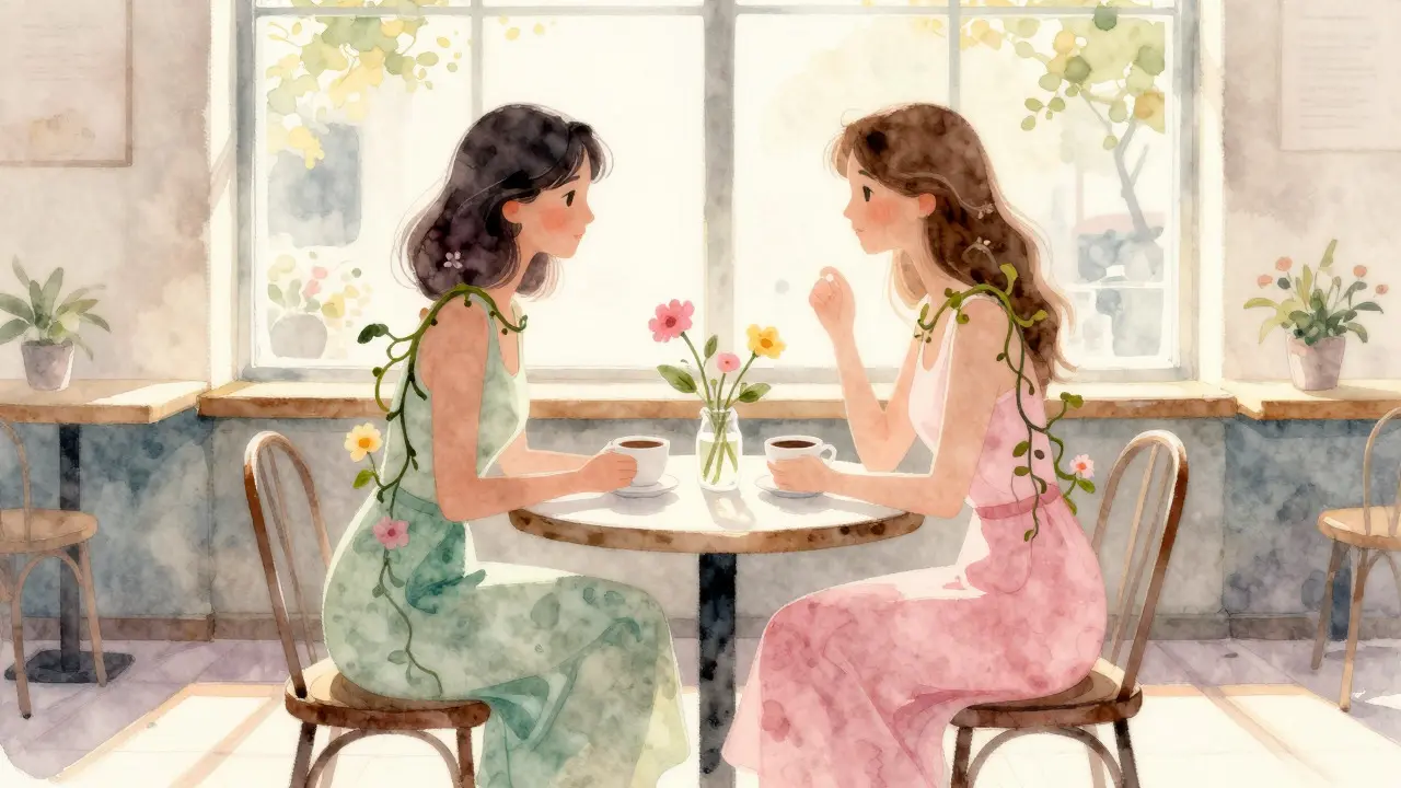 Watercolor painting of two women talking at a cafe with growing vines between them